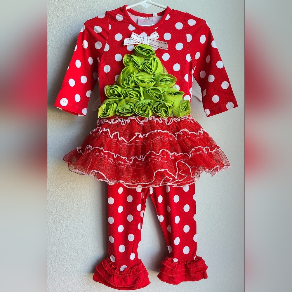 NWT- One Posh Kid- Girl's Christmas SL Red White Polka Dot Set, Sz 12 M